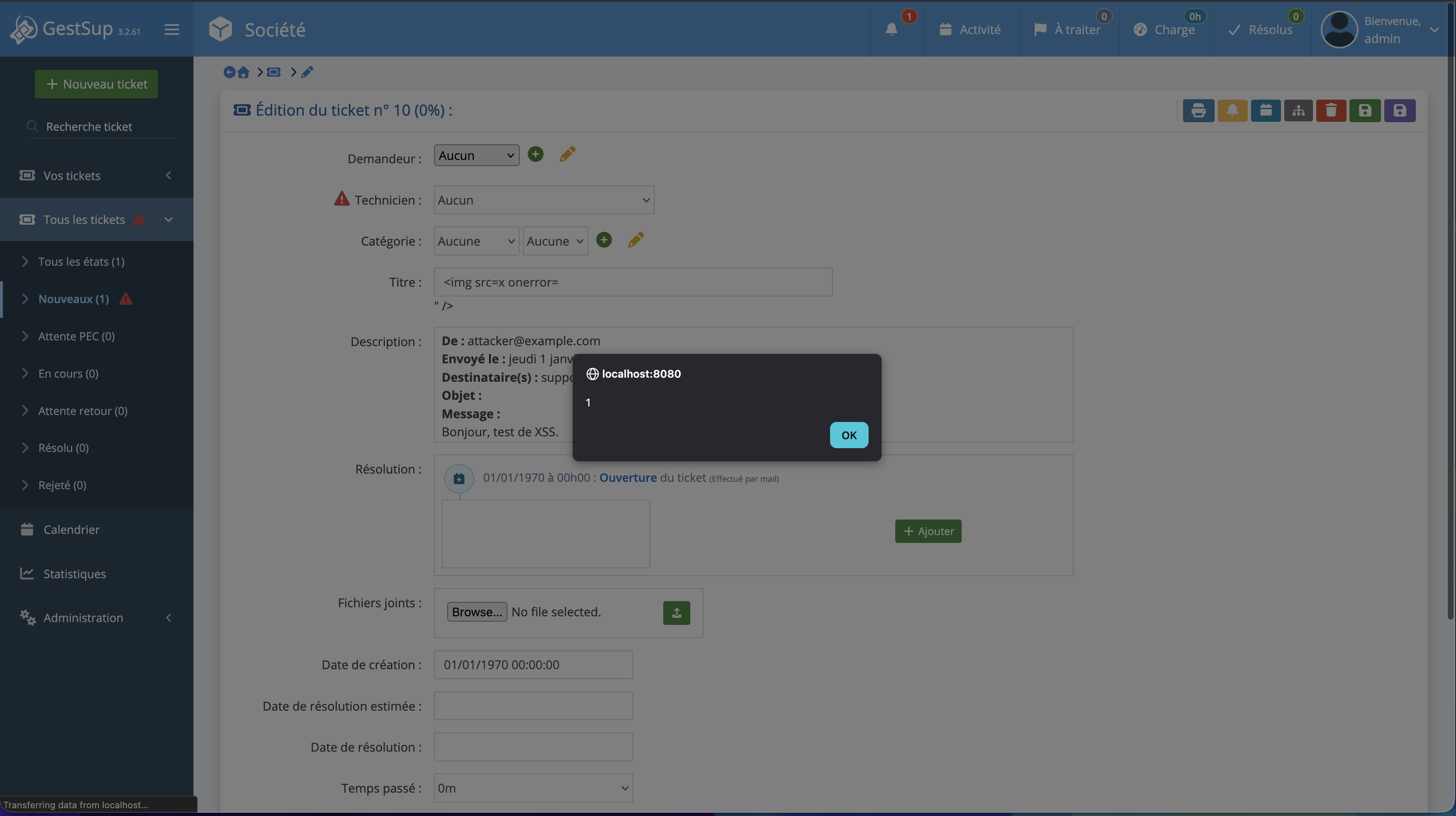 XSS in the created ticket